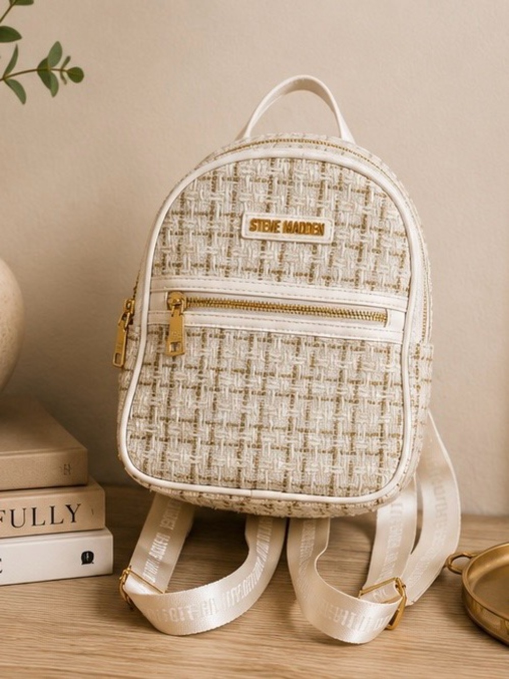 Steve Madden Mini Tweed Backpack White Gold Metallic Bag